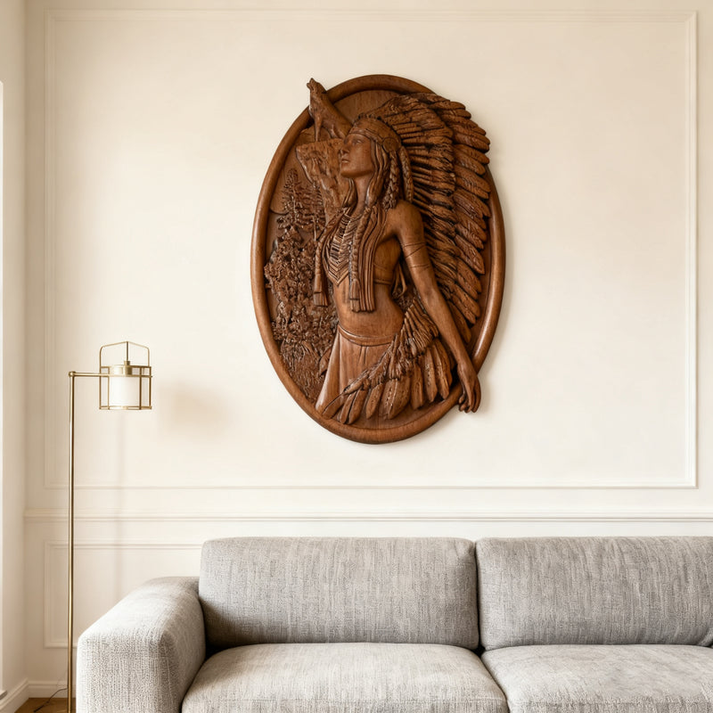 Native American Woman Wood Carving - Hand-Carved Solid Wood Art - Indigenous Home Decor