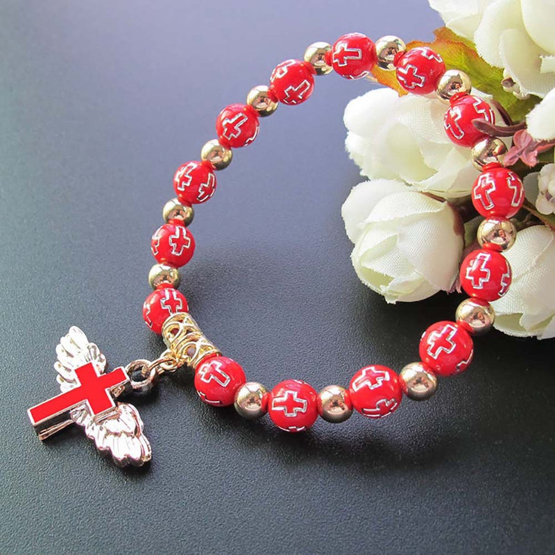 Angel Wing Cross Rosary Bronzing Acrylic Baptism Stretch Beaded