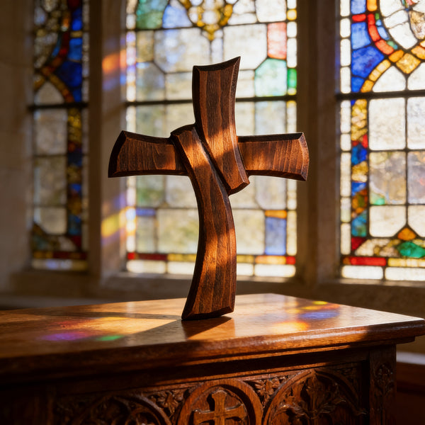 Minimalist Twist Wooden Hand Carved Cross for Wall Decor, Religious Gift Cross