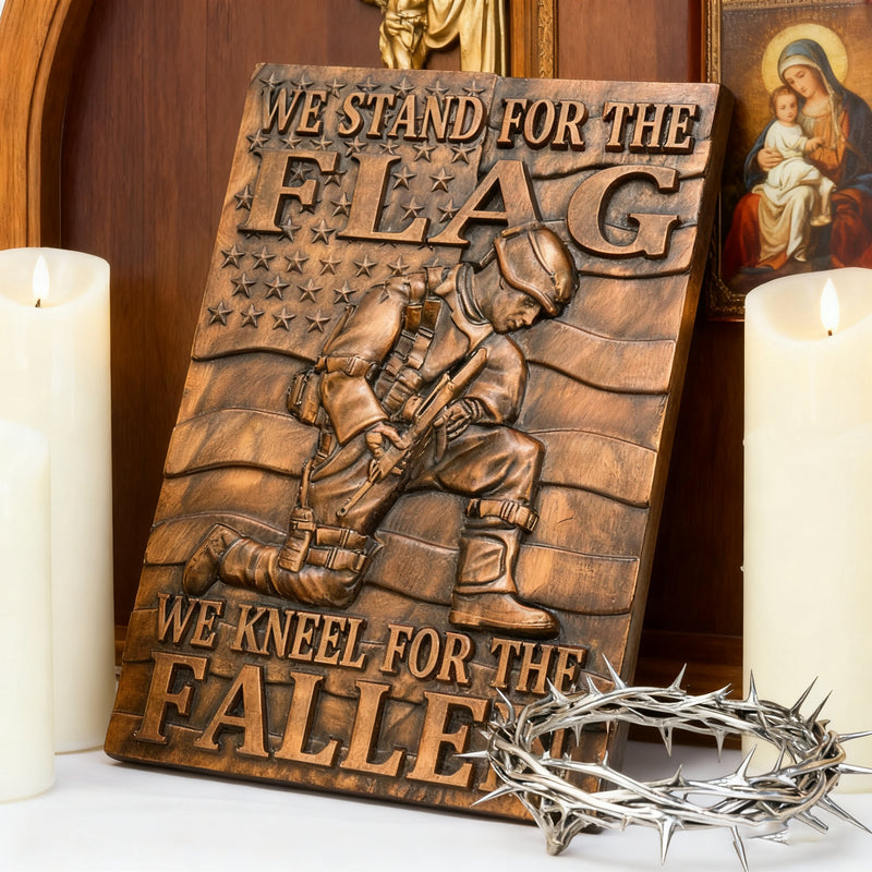 We Stand For The Flag, We Kneel For The Fallen -American soldier wood carving memorial icon