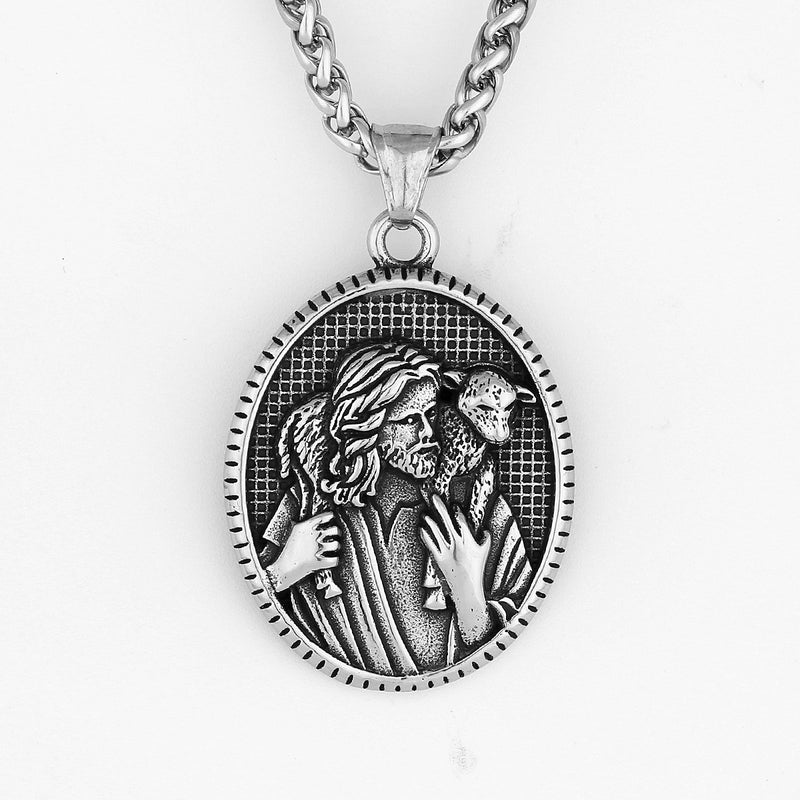 Titanium Steel Shepherd Jesus Christ with Lamb Christian Necklace