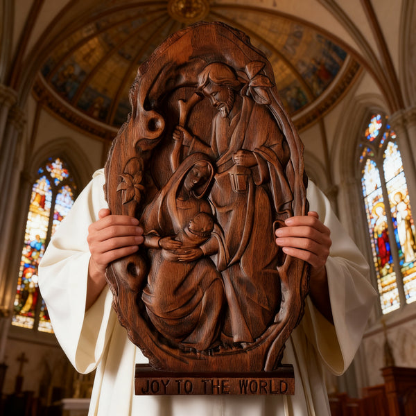 Natural Beechwood Nativity Scene Wooden Carved Plaque Tabletop Arrangement