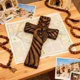 Holy Family wood icon decoration, Joseph, Mary, Baby Jesus, carved wooden cross, wall decoration