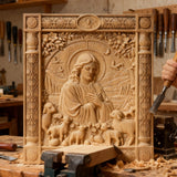 The Good Shepherd Beechwood Icon – Hand-Carved Christian Home Decor | Christ the Shepherd Wall Art