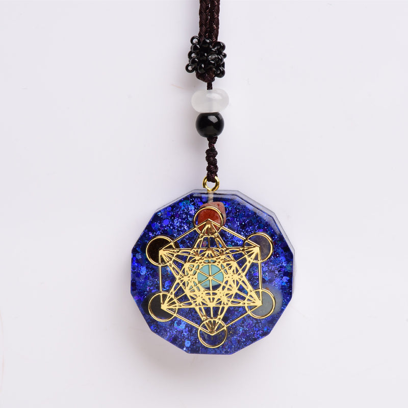 Metatron Tesseract Necklace, Epoxy Stone Sacred Geometry Pendant, Spiritual Protection Medal