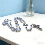 Our Lady & Cross Rosary: 8mm Blue Floral Acrylic Beads with Alloy Chain