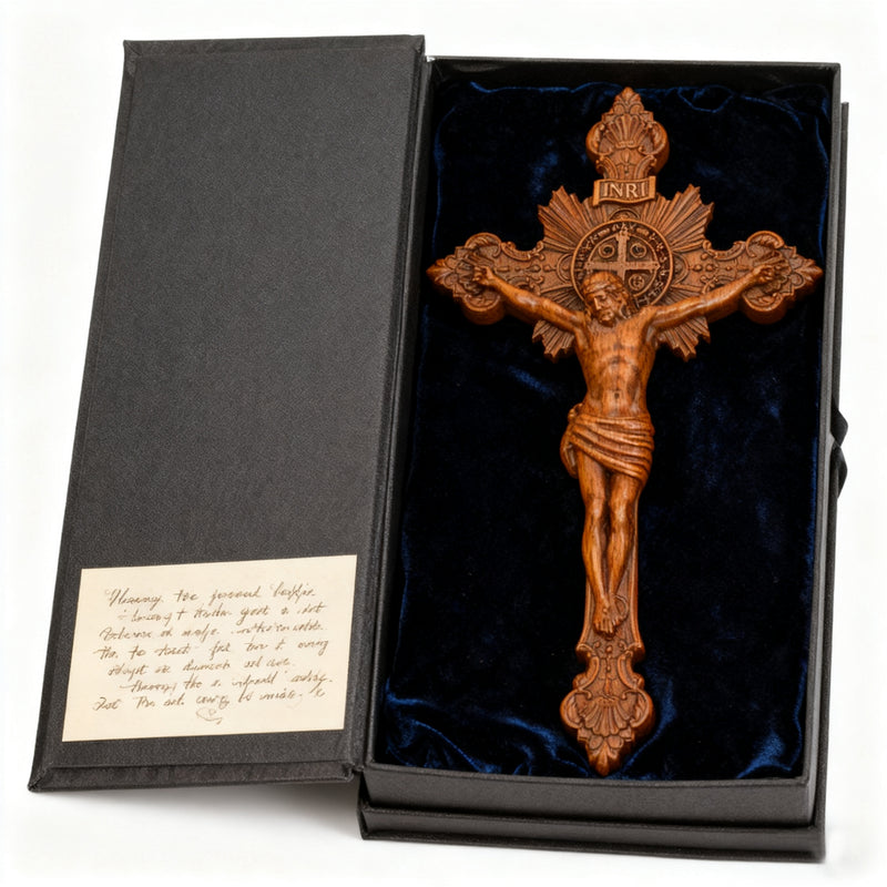 Wood Carving of Jesus Cross with St. Benedict's Exorcism