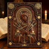 Our Lady of Sorrows Wooden Wall Decor - Our Lady of the Seven Arrows Softens the Heart of Evil
