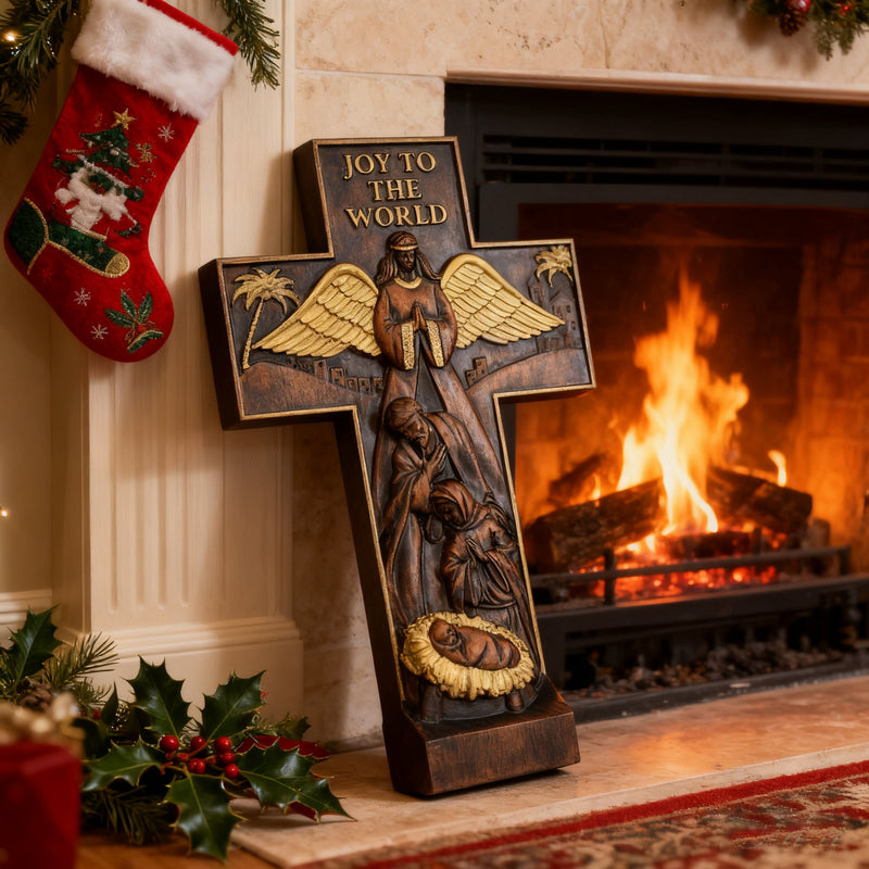 Christmas cross, Nativity cross,Joy to the world wood carving- best Christmas gift