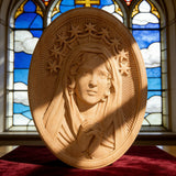 Our Lady in Tears and Prayer with a Nine-Star Halo — Hand-Carved Beechwood Statue