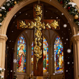 Hand-Carved Rose Cross Wall Art ✝️🌹 | Solid Beechwood Christian Decor with Golden Flowers