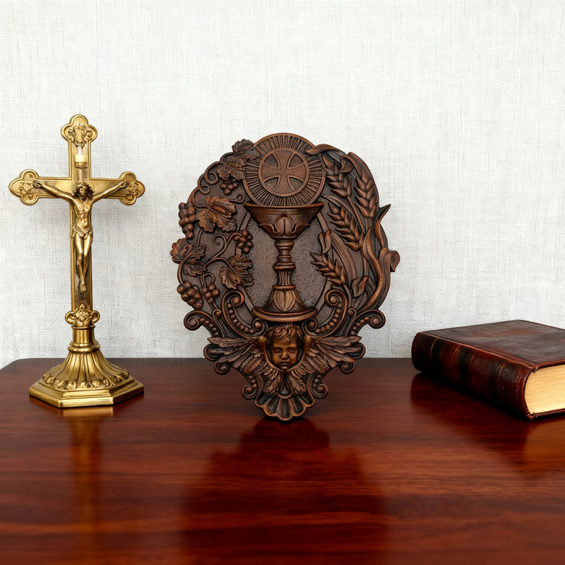 First Communion Christian Wood Carving - Sacrament of the Holy Eucharist Plaque