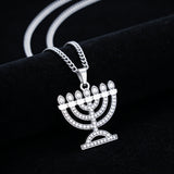 Stainless Steel Crystal 7-Branch Menorah Pendant: A Sacred Jewish Heritage Necklace