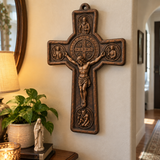 Hand-Carved Beechwood Saint Benedict Protection Crucifix – Christian Wall Cross