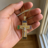 Multicolor Zircon Jesus Crucifix Gold‑Tone Stainless Steel Necklace