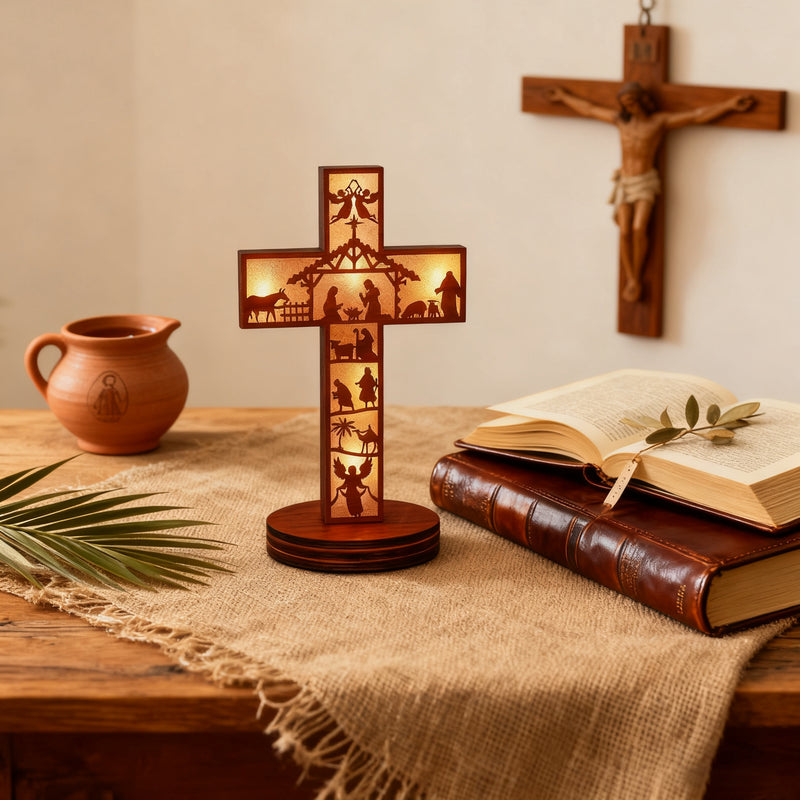 Boxwood LED Nativity Cross – The Light of Christ Shines Within
