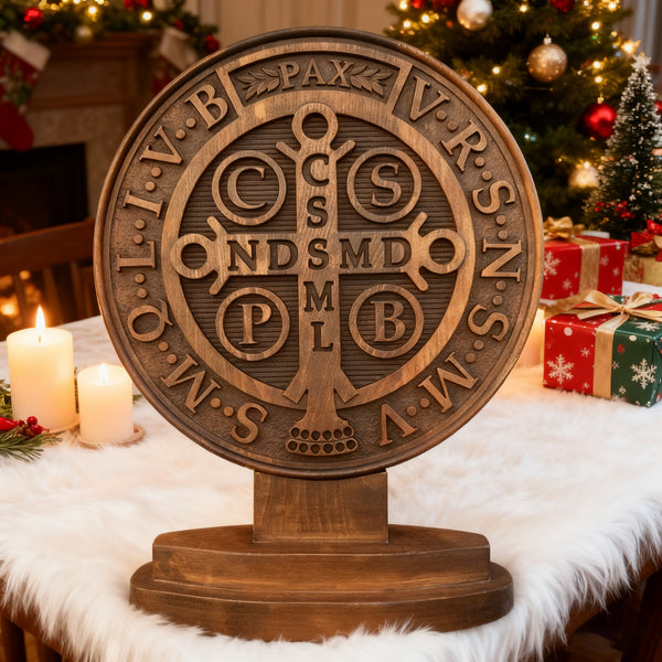St. Benedict Double-Sided Wooden Desk Plaque: A Christian Symbol of Protection & Faith
