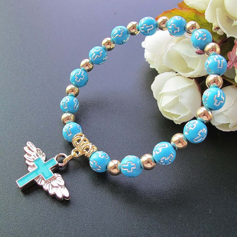 Angel Wing Cross Rosary Bronzing Acrylic Baptism Stretch Beaded