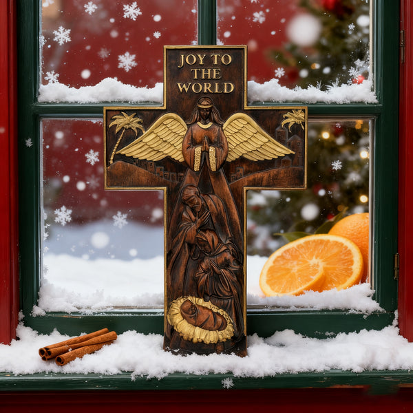 Christmas cross, Nativity cross,Joy to the world wood carving- best Christmas gift