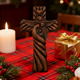 Holy Family wood icon decoration, Joseph, Mary, Baby Jesus, carved wooden cross, wall decoration