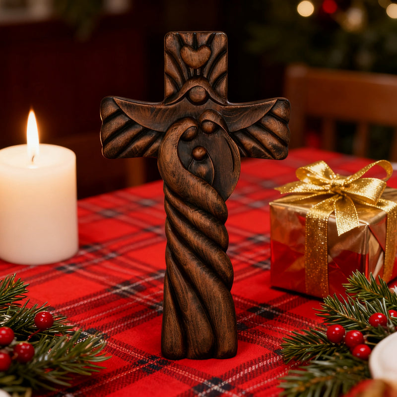 Holy Family wood icon decoration, Joseph, Mary, Baby Jesus, carved wooden cross, wall decoration