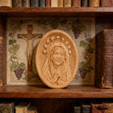 Our Lady in Tears and Prayer with a Nine-Star Halo — Hand-Carved Beechwood Statue
