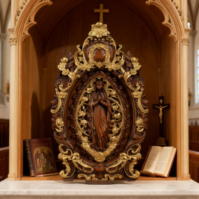 Hand-Carved Our Lady of Grace Wooden Icon: A Christian Symbol of Mary’s Devotion