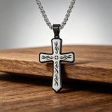 Tribal Flame Engraved Cross Pendant Necklace