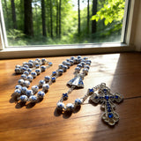 Our Lady & Cross Rosary: 8mm Blue Floral Acrylic Beads with Alloy Chain
