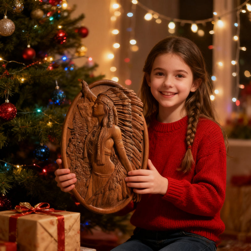 Native American Woman Wood Carving - Hand-Carved Solid Wood Art - Indigenous Home Decor