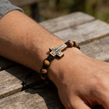 8mm Pine Wood Bead Cross Bracelet | Adjustable Catholic Rosary Bracelet