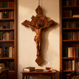 Wood Carving of Jesus Cross with St. Benedict's Exorcism