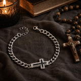 Men’s Carbon Fiber Inlay Cross Curb Chain Bracelet, 316L Stainless Steel Adjustable Religious Faith Bracelet, Silver & Gold Tone Christian Gift for Him