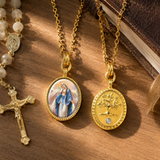 3D Enamel Our Lady of Grace Oval Necklace, Double Sided Tree of Life Stainless Steel Pendant