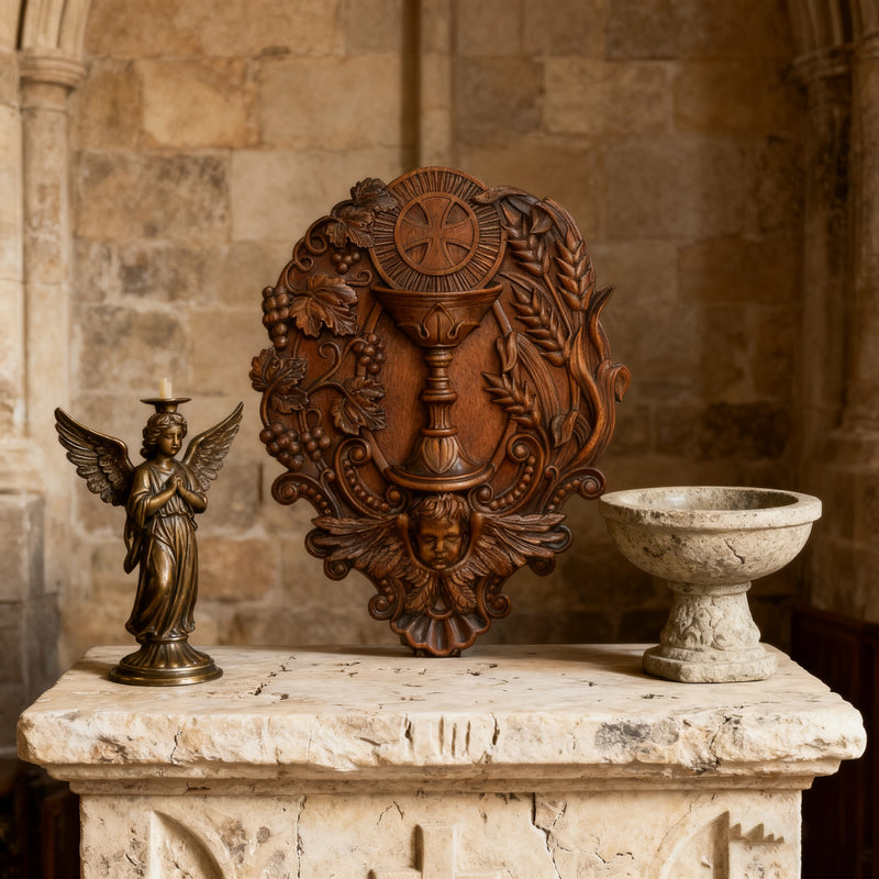 First Communion Christian Wood Carving - Sacrament of the Holy Eucharist Plaque