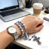 Our Lady & Cross Rosary: 8mm Blue Floral Acrylic Beads with Alloy Chain