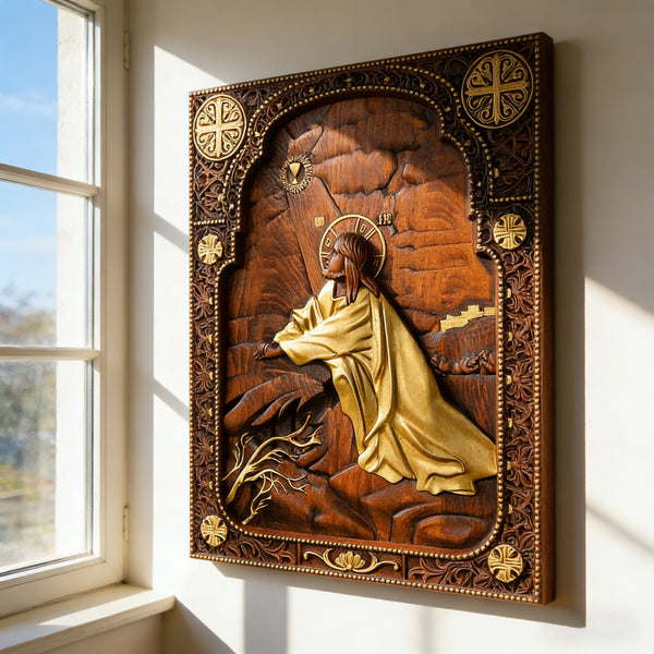 Jesus in Gethsemane Hand-Carved Wood Wall Art: The Weight of His Humble Sorrow