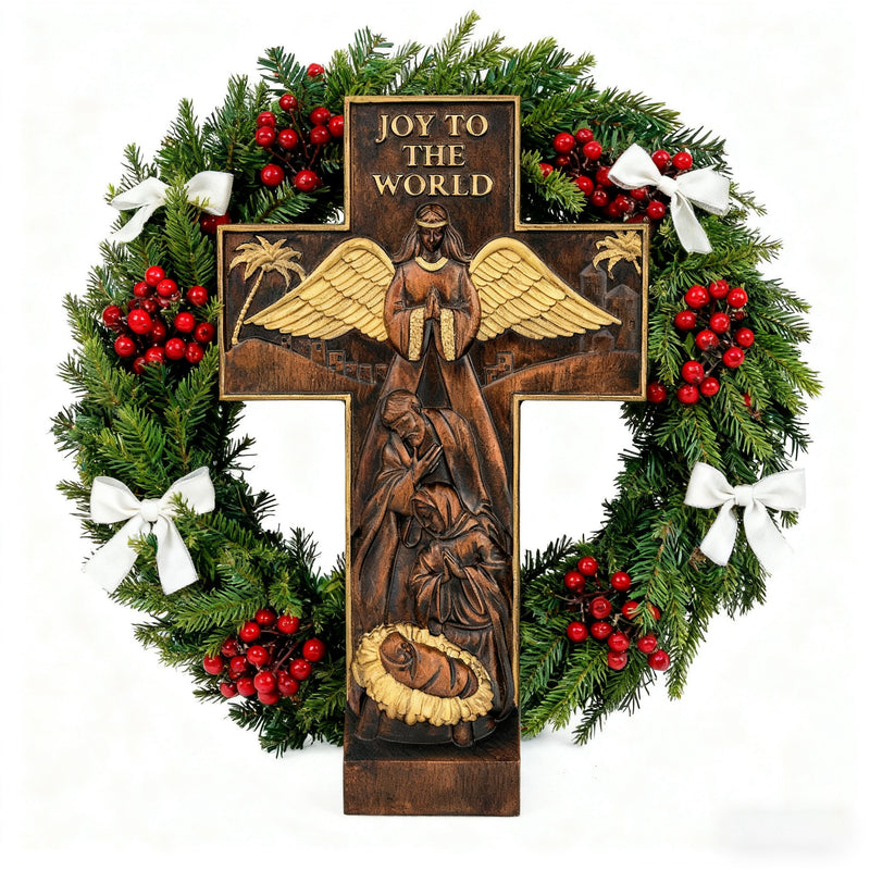 Christmas cross, Nativity cross,Joy to the world wood carving- best Christmas gift