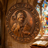Saint Benedict religious icon, natural wood carved wall decoration