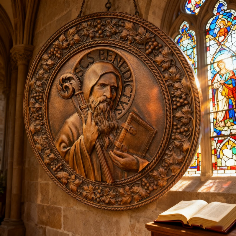 Saint Benedict religious icon, natural wood carved wall decoration