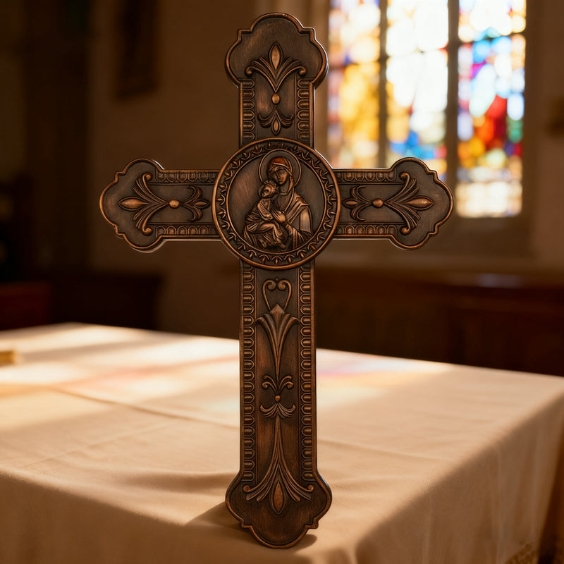 Wooden crucifix of the Virgin, Virgin Mary, Baby Jesus, religious wooden icon, wall crucifix, wall decoration
