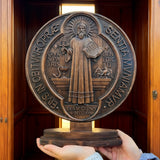 St. Benedict Double-Sided Wooden Desk Plaque: A Christian Symbol of Protection & Faith