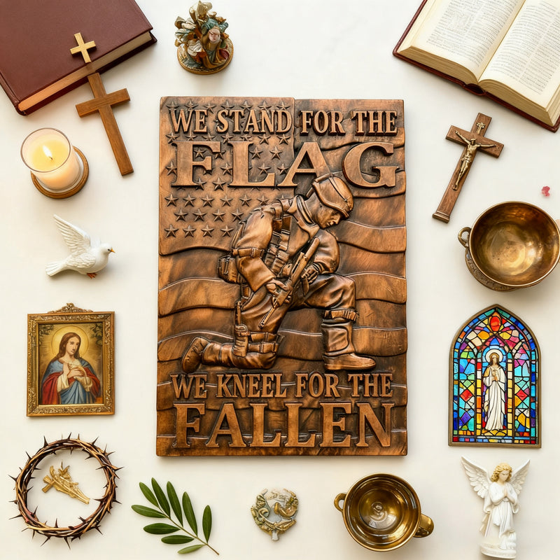 We Stand For The Flag, We Kneel For The Fallen -American soldier wood carving memorial icon