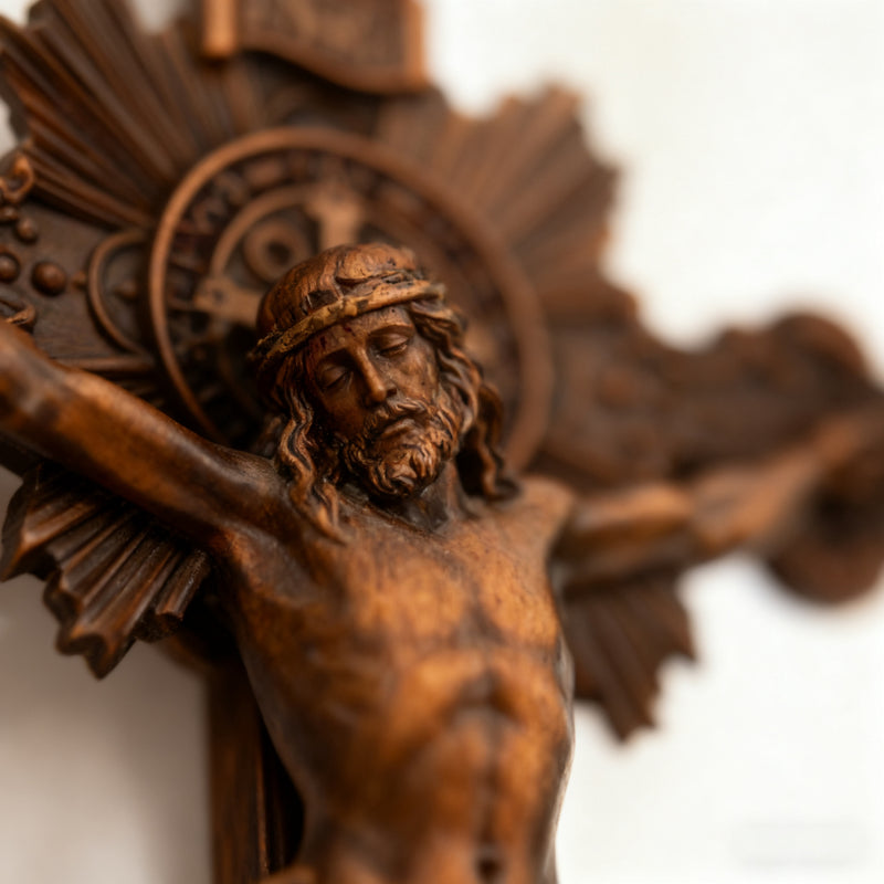 Wood Carving of Jesus Cross with St. Benedict's Exorcism