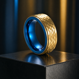 Two-Tone Hammered Titanium Steel Ring, Gold Exterior & Blue Inner Band, 8mm Wide Comfort Fit Wedding Band, Unique Promise Ring for Men