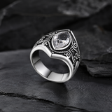 Vintage Gothic Scroll Engraved Marquise Stone Mens Signet Ring