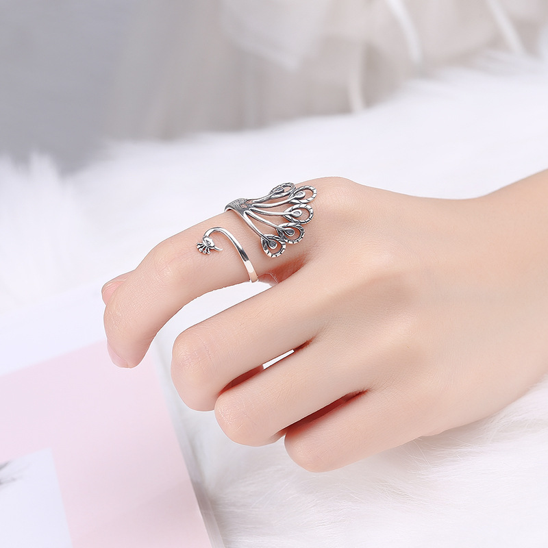 Peacock Surround Size Adjustable Opening 925 Sterling Silver Women's Ring