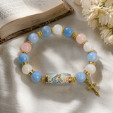 Chalcedony Cross Beaded Bracelet, Vintage Religious Printed Tube Bead Faith Jewelry for Women