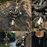 S925 Silver Serpent Cross Pendant Necklace with Green Gemstone