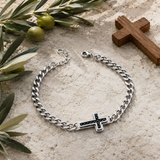 Men’s Carbon Fiber Inlay Cross Curb Chain Bracelet, 316L Stainless Steel Adjustable Religious Faith Bracelet, Silver & Gold Tone Christian Gift for Him